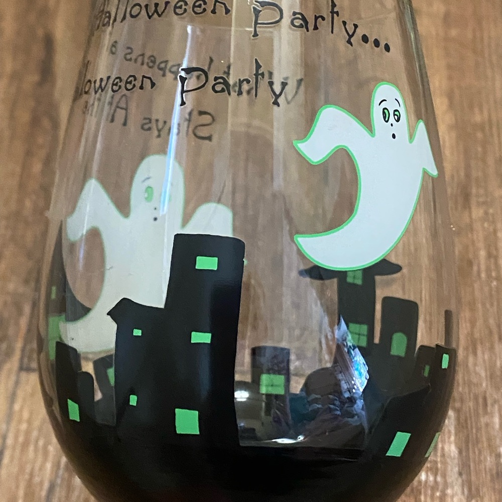 Halloween Hand Painted Wine Glass 9” H Tall Ghosts Haunted House & Saying - Picture 5 of 8